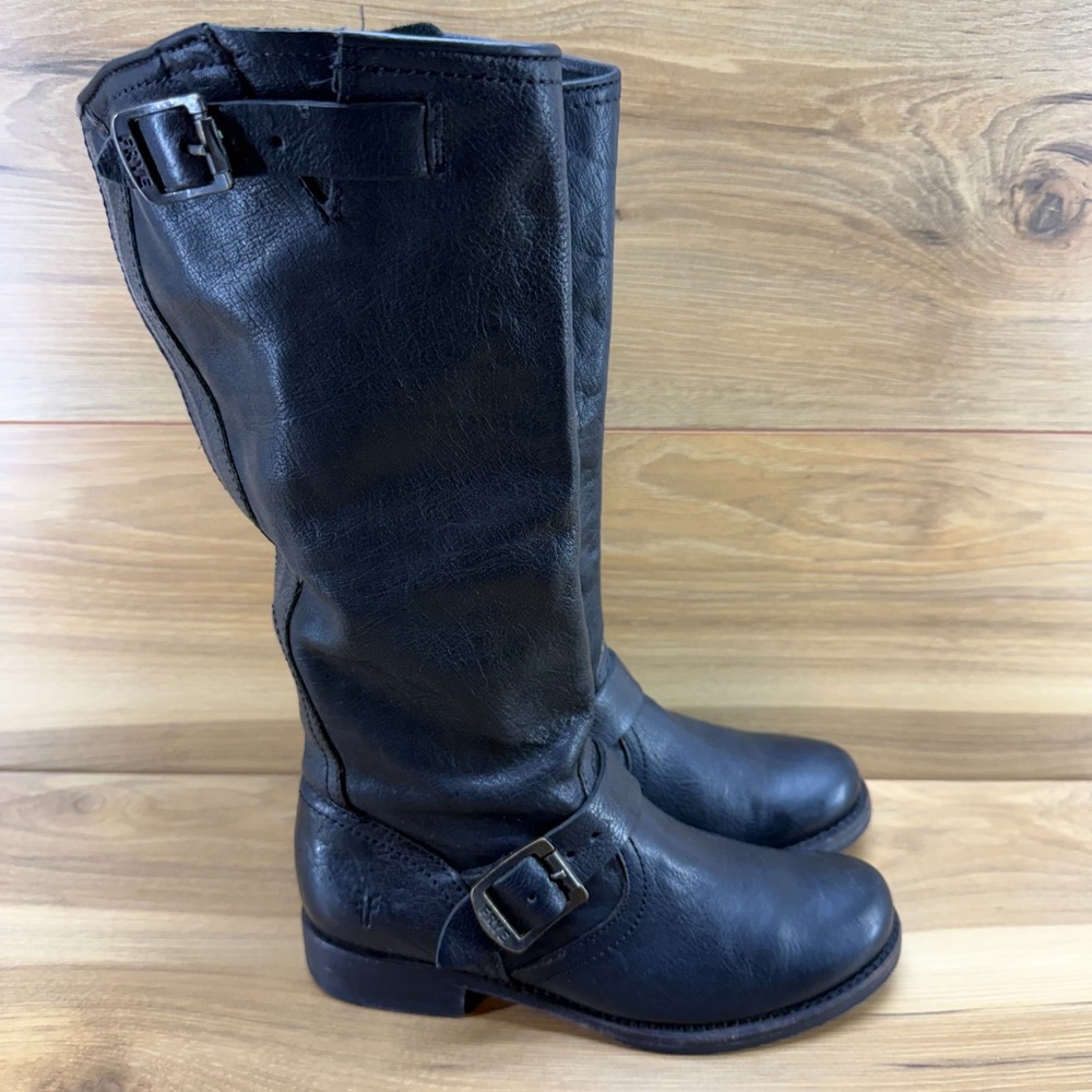 FRYE Veronica Slouch Tall Boots Womens 7 Black Leather Buckle Riding Moto Biker